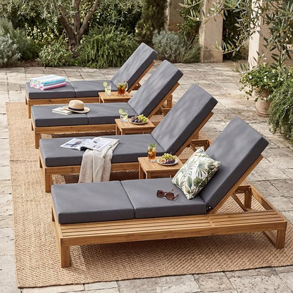 Merax 4-Piece Teak Finish Acacia Wood Chaise Lounge with 4-Inch Dark Grey 3-Fold Water-Resistant Cushion Set, 4-Position Adjustable Outdoor Patio Lounger with Flat Side Surface, for Poolside