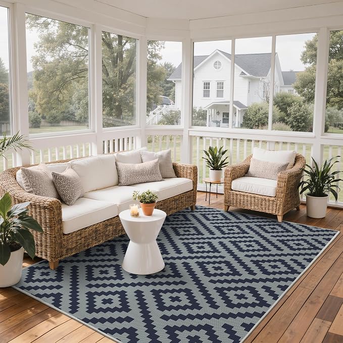 GENIMO Outdoor Rug, Waterproof Plastic Rugs for Patio, 5'x8' Cloud Blue | Outside Larger Modern Carpet Mat for Porch Decor, Deck, Balcony, Camping, RV, Backyard, Picnic, Beach, Reversible, Foldable