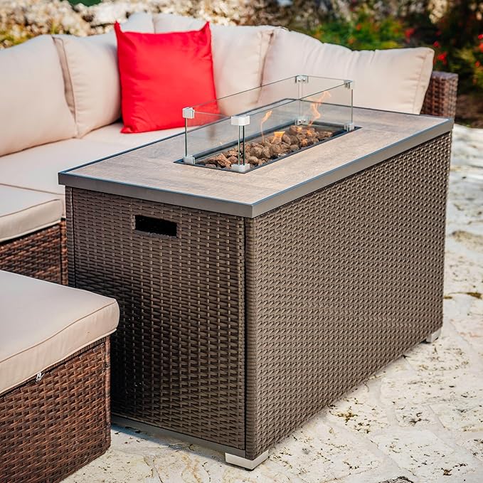 Nestl 43 Inch Fire Pit for Outdoor - 50,000 BTU Outdoor Propane Fire Pit Table with Lid, Rain Cover & Lava Rocks - Patio Fire Pit Table with Tempered Glass for Backyard Gatherings - Brown