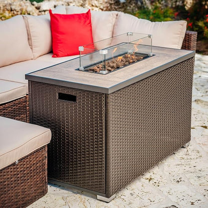 Nestl 43 Inch Fire Pit for Outdoor - 50,000 BTU Outdoor Propane Fire Pit Table with Lid, Rain Cover & Lava Rocks - Patio Fire Pit Table with Tempered Glass for Backyard Gatherings - Brown
