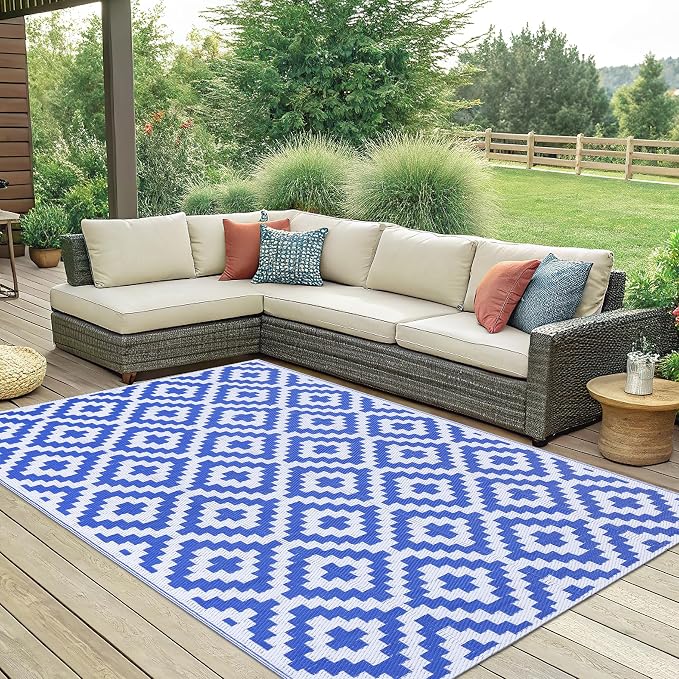Smiry Outdoor Rug 6x9 ft Waterproof Reversible Boho Mat, White & Blue | Polypropylene Plastic Straw, Quick Drying, Lightweight Foldable, for Patio, Deck, RV Camping, Backyard and Indoor Outdoor Use