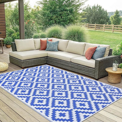 Smiry Outdoor Rug 6x9 ft Waterproof Reversible Boho Mat, White & Blue | Polypropylene Plastic Straw, Quick Drying, Lightweight Foldable, for Patio, Deck, RV Camping, Backyard and Indoor Outdoor Use