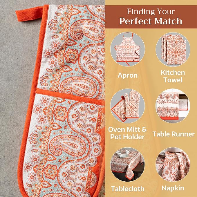 Maison d' Hermine Double Oven Mitts 100% Cotton Double Oven Glove (7"x35") | Heat Resistant BBQ Cooking Gloves with Loop Baking Kitchen Home Hotel Farmhouse Thanksgiving Christmas - Cachemire