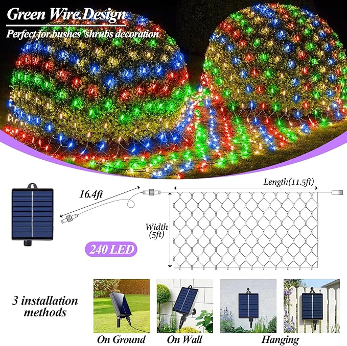 Lovelite 11.5ft x 5ft Solar Net Lights Outdoor, 240LED Christmas Mesh Lights Solar & USB Powered, Waterproof String Lights 8 Modes Green Wire for Bushes Patio Garden Holiday Party Decor (Multicolor)