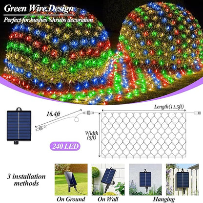 Lovelite 11.5ft x 5ft Solar Net Lights Outdoor, 240LED Christmas Mesh Lights Solar & USB Powered, Waterproof String Lights 8 Modes Green Wire for Bushes Patio Garden Holiday Party Decor (Multicolor)