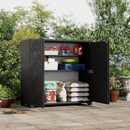 ZZM Indoor/Outdoor Storage Cabinet Waterproof, 34"x15"x34" Plastic Outdoor Storage Box for Garden Balcony Bathroom, All Weather Outdoor Storage Clearance, DIY Usage, with 2 Shelf (Black)