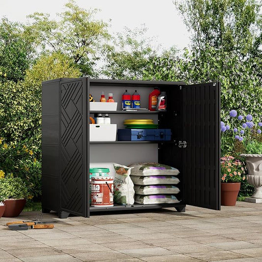ZZM Indoor/Outdoor Storage Cabinet Waterproof, 34"x15"x34" Plastic Outdoor Storage Box for Garden Balcony Bathroom, All Weather Outdoor Storage Clearance, DIY Usage, with 1 Shelf (Black)