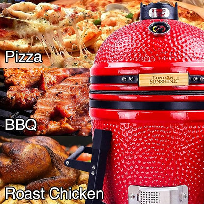 London Sunshine Ceramic Kamado Charcoal BBQ Grill and Smoker, Stainless Steel Grates -15" Ceramic with Tall Stand (RED)