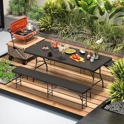 VSOAEIL 6 Foot Folding Picnic Table Set with 2 Benches, Camping Table Chair Set, HDPE Rattan Pattern Top, 3-Piece Portable Indoor Outdoor Furniture with Safety Locks & Handle for Party Camping, Black