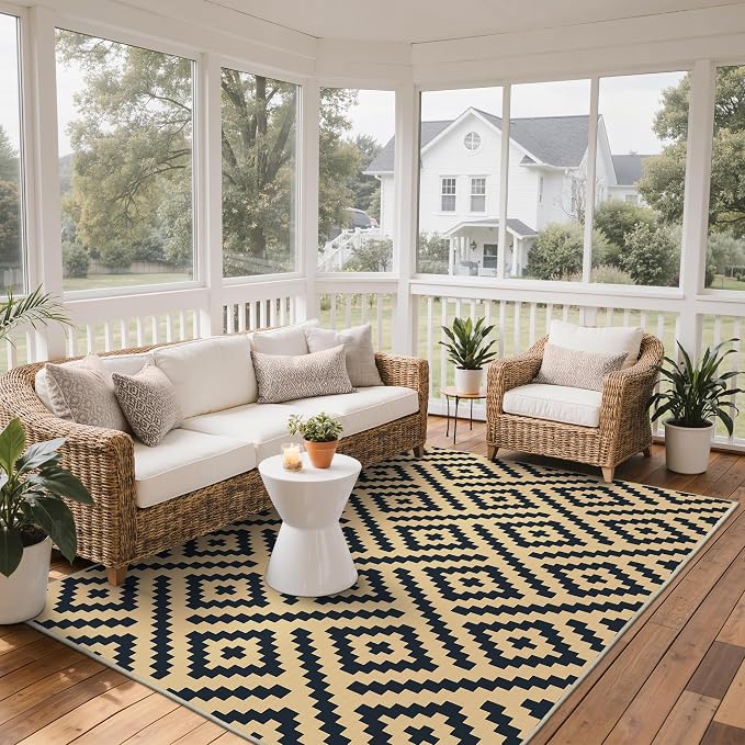 GENIMO Outdoor Rug, Waterproof Plastic Rugs for Patio, 6'x9' Black Sand | Outside Larger Modern Carpet Mat for Porch Decor, Deck, Balcony, Camping, RV, Backyard, Picnic, Beach, Reversible, Foldable
