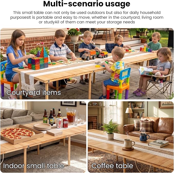 90" x 30" Boho Low Picnic Table, Foldable Solid Wood Construction | Beach Table with Tablecloth & Adjustable Legs, Indoor & Outdoor Use for Beach, Camping, BBQ, Wedding & Warm Family Gatherings