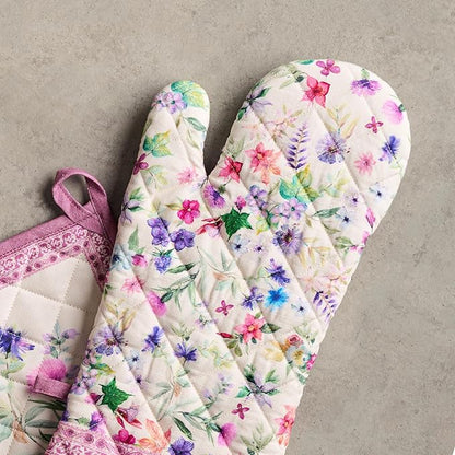 Maison d' Hermine 100% Cotton Oven Mitt & Pot Holder Set (7.5"x13" & 8"x8") Heat Resistant BBQ Cooking Gloves with Loop Baking Grilling Kitchen Hotel Home Farmhouse Spring Summer (Chardon)