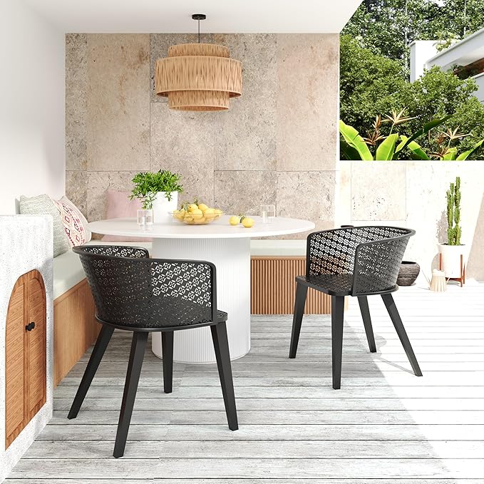 Christopher Knight Home Set of 2 Rivera Patio Iron Frame Dining Chairs, Geometric-Carved Pattern Round Backrest, Armchair for Kitchen, Restaurant, Garden, Balcony, Porch, Backyard, Poolside, Black