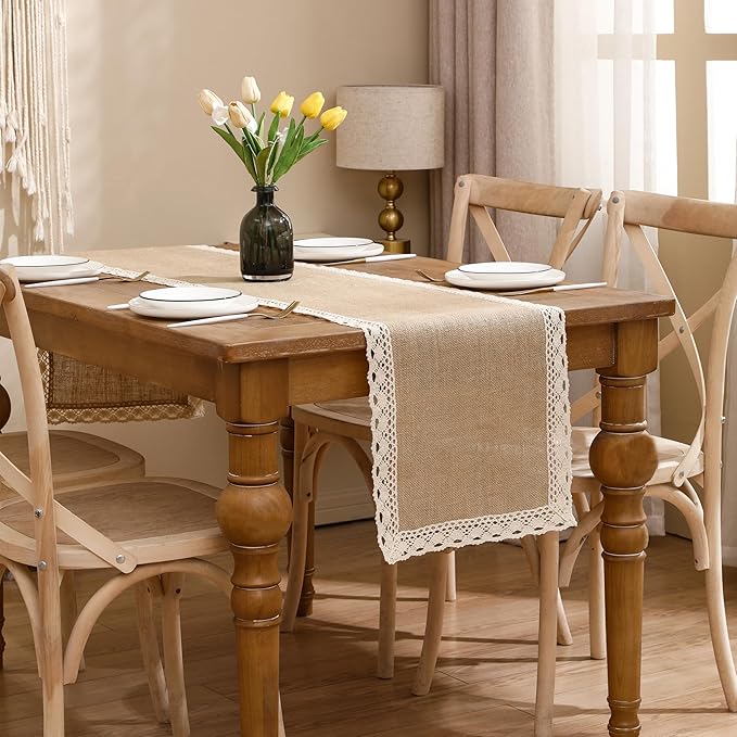 Burlap Table Runner Natural Jute Braided Table Runner 13''x 120'' Long Farmhouse Table Runners with Beige Lace for Spring Summer Parties BBQ's Holidays Rustic Vintage Dining Table Runner