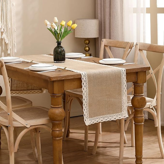 Burlap Table Runner Natural Jute Braided Table Runner 13''x 120'' Long Farmhouse Table Runners with Beige Lace for Spring Summer Parties BBQ's Holidays Rustic Vintage Dining Table Runner