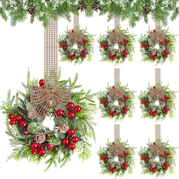 Dingion 8 Pcs Small Christmas Wreaths for Cabinet Kitchen Decor Mini Artificial Wreath 9 Inch Faux Garland with Burlap Ribbon for Vintage Retro Home Table Candle Porch Window Indoor Outdoor Decor