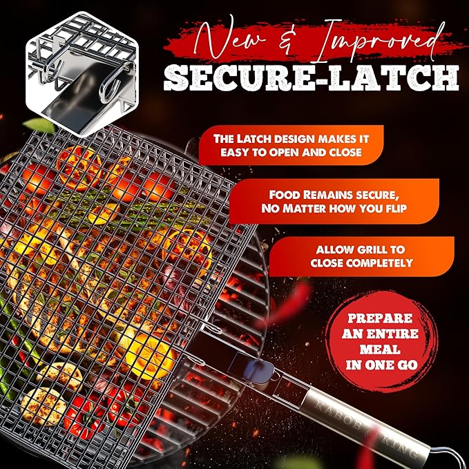 ORIGINAL Jumbo XL Grilling Basket with Detachable Handle and Easy Open/Close Locking Lid. New & Improved Stainless Steel Construction with Larger Capacity (12.5 x 9.5 x 2 inches) for Outdoor BBQ Camping Grilling by Kabob King