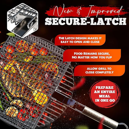 ORIGINAL Jumbo XL Grilling Basket with Detachable Handle and Easy Open/Close Locking Lid. New & Improved Stainless Steel Construction with Larger Capacity (12.5 x 9.5 x 2 inches) for Outdoor BBQ Camping Grilling by Kabob King