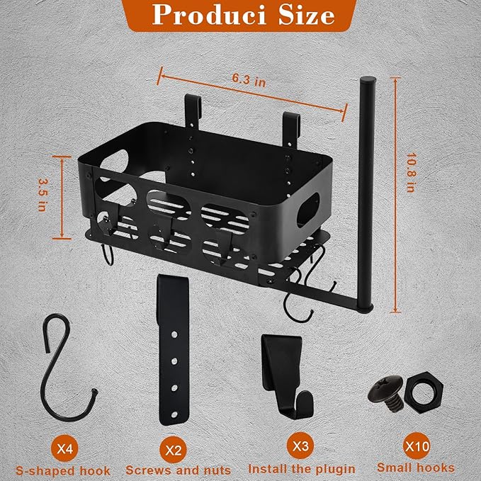Storage Bin for Traeger Grills,BBQ Basket with Paper Towel Holder,7 Metal Hooks Compatible with Traeger Pro 20/22/34/575/780, Ironwood 650, Z Grills, Pit Boss Pellet Grills Black