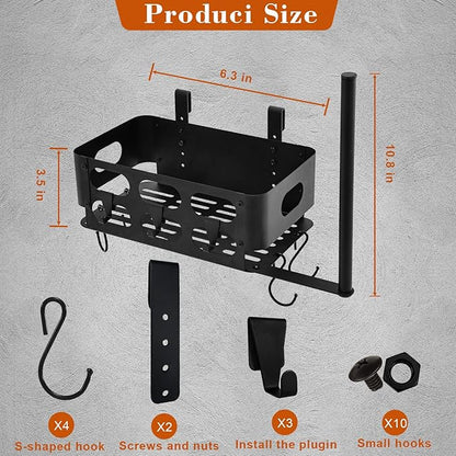 Storage Bin for Traeger Grills,BBQ Basket with Paper Towel Holder,7 Metal Hooks Compatible with Traeger Pro 20/22/34/575/780, Ironwood 650, Z Grills, Pit Boss Pellet Grills Black
