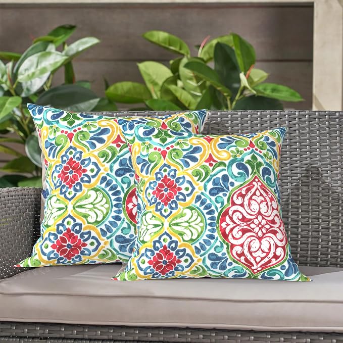 LVTXIII 2 Pack Outdoor Throw Pillow Covers for Patio Furniture, 16x16 Inch Square Pillow Case, Water-Repellent Cushion Covers for Garden, Porch, Sofa, Damask Red
