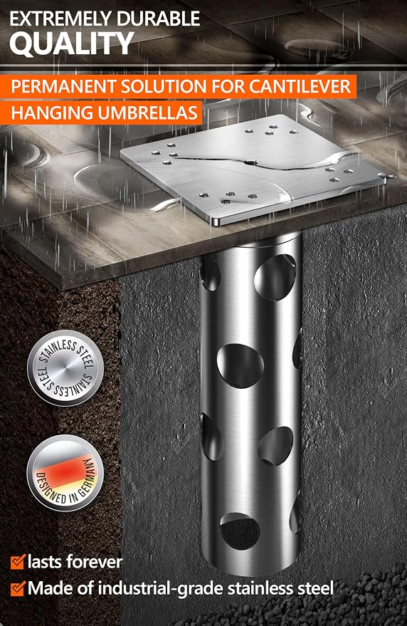 4smile In-ground umbrella base, stainless steel - In-ground umbrella holder, lifelong quality - Umbrella stand outdoor base, load capacity up to 2,200 lbs