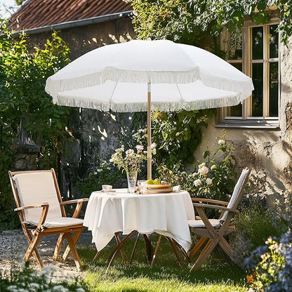 6.5FT Boho Patio Umberlla with Fringe,UPF50+ Outdoor Umbrella with Fiberglass Ribs and Push Button Tilt,Tassels Umbrella for Beach,Terrace,Picnic