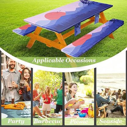 Fitted Picnic Table Cover with Bench Covers, Windproof Vinyl Table Cloths Outside Camping Cooking Backyard Furniture Seat Cushion Tablecloth Activities Party Decor Decorations Para Acampar Equipment