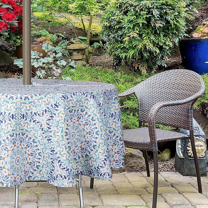 EHouseHome Outdoor and Indoor 70inch Round Tablecloth with Umbrella Hole and Zipper, Waterproof Zippered Patio Table Cloths, Spring/Summer Table Covers for Backyard Circular Table/BBQs/Picnic