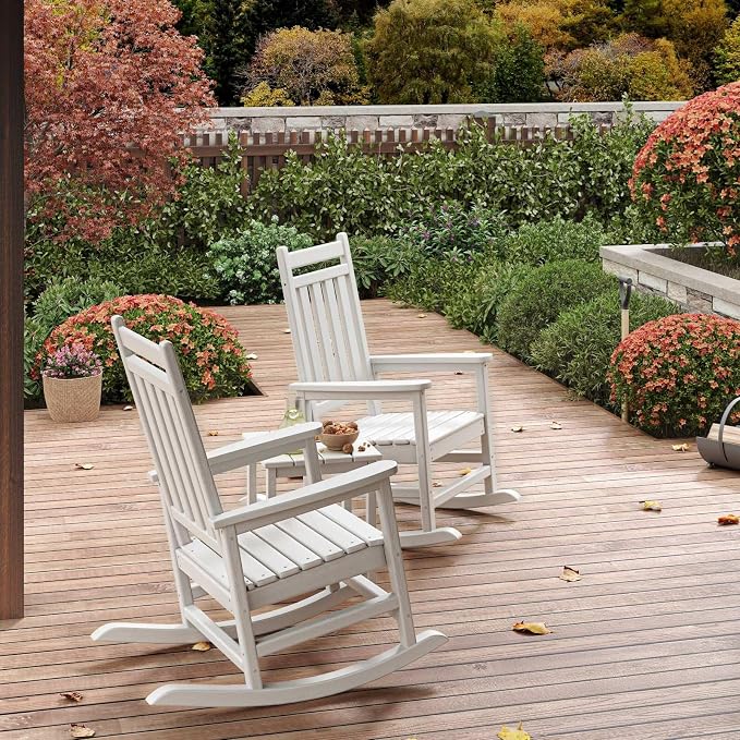 Garvee HDPE Rocking Chair Outdoor Set of 4 with 2 Side Table - Poly High Back Porch Rocker Chairs for Adults - All Weather Resistant Furniture for Patio Front Porch - White
