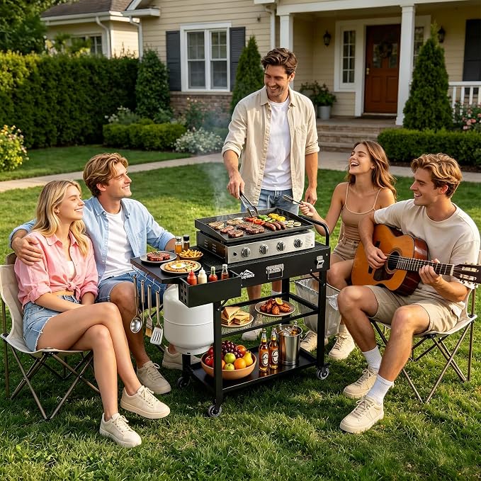 Grill Cart for Blackstone Griddle, Outdoor Grill Table Foldable for Ninja | Folding Pizza Oven Stand Grill Stand Fit 17 or 22 Inch Tabletop Griddle, Portable BBQ Prep Station with Tool Hooks & Wheels