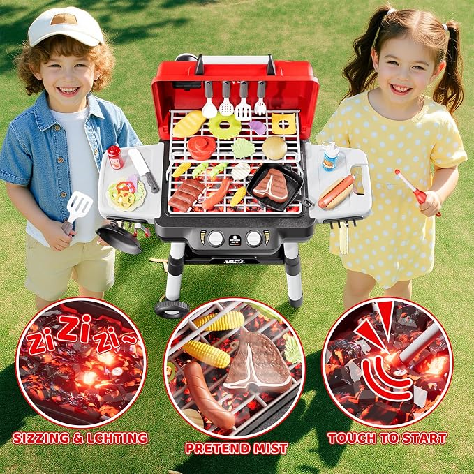 2-Tier Kids BBQ Grill Playset, Toy Grill for Kids, Outdoor Play Food | For toddlers ages 3-5, includes 35 grill accessories, play food & utensils for outdoor pretend BBQ cookout playset fun