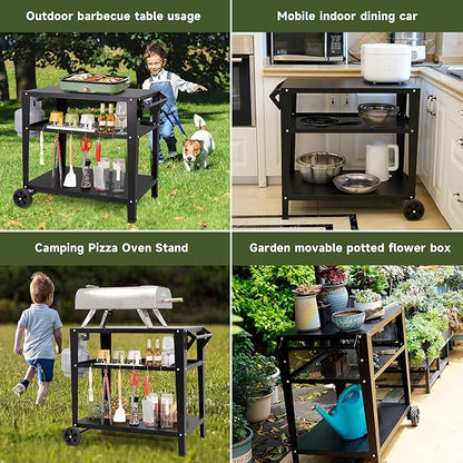 LEETOLLA Black Outdoor Grill Cart with Wheels, Heavy-Duty 3-Tier BBQ Prep Table for Pizza Oven, Griddle, Patio – Rustproof Commercial Kitchen Cart with Tool Hooks