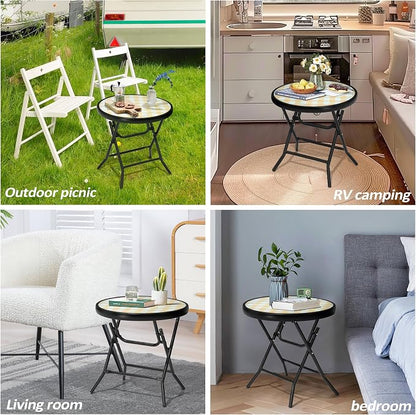 Foldable Side Table with Tempered Glass Top, Yellow | 18" Small Patio Side Tables Outdoor for Porch Yard Balcony Deck Lawn Garden