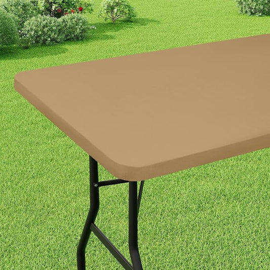 Smiry Rectangle Picnic Table Cloth, Waterproof Elastic Fitted Tablecloths for 8 Foot Tables, Washable Polyester Table Cover for Camping, Indoor and Outdoor (Khaki, 30"x96")
