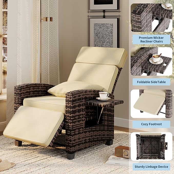 Garvee Outdoor Recliner Chair, 145° Adjustable Backrest & Footrest Lounge Chair with Removable Cushion and Flip-Up Side Table, All-Weather PE Wicker & Steel Frame for Poolside, Deck, Balcony, Khaki