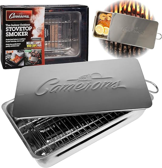 Camerons Indoor Outdoor Stovetop Smoker - Stainless Steel Barbecue Smoker Box w/Oak Wood Chips & Recipes - Works On Any Stovetop or BBQ Grill for Smoking Meats - Grilling Gift for Father's Day