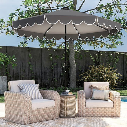 Tangkula 10FT Solar LED Patio Umbrella, 2-Tiers Scalloped Outdoor Table Market Umbrella with 24 LED Lights, Vented Top, Tilt Adjustment, Crank, 8 Ribs for Backyard Poolside Deck Beach Lawn (Gray)