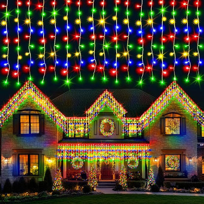 kemooie 400 LED Outdoor Curtain Lights, 26.2FT x 3.3FT Connectable 8 Lighting Modes for Christmas Decorations Bedroom Wall Party Garden Decorations (Multicolor)