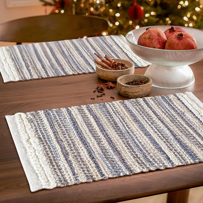 Hausattire Woven Placemats Set of 4 - Blue, Jute Boho Rectangle Table Mats for Kitchen Dining Coffee Table | Heat Resistant Farmhouse Boho Placemat for Wedding, Restaurants |13x19 Inches