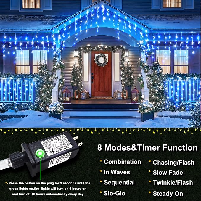 66FT Icicle Lights for Outside 640 LED Blue and White Christmas Lights | Connectable Icicle Christmas Lights Outdoor Waterproof, Plug in 8 Modes with 120 Drops for House Party Wedding Decoration
