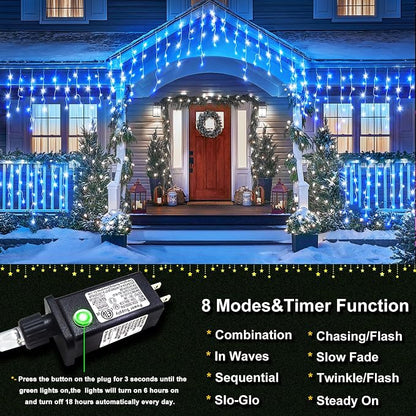 66FT Icicle Lights for Outside 640 LED Blue and White Christmas Lights | Connectable Icicle Christmas Lights Outdoor Waterproof, Plug in 8 Modes with 120 Drops for House Party Wedding Decoration