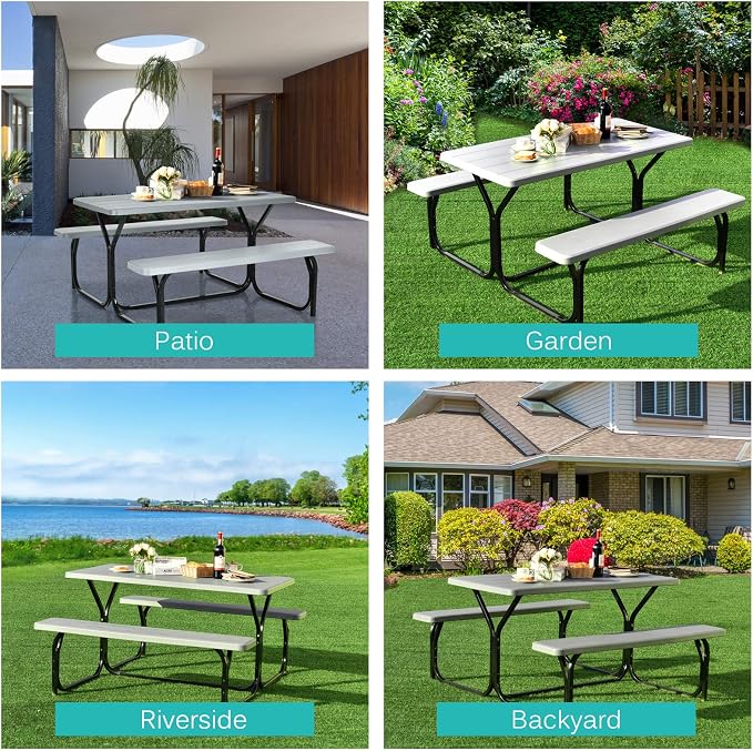 GYMAX Picnic Table, Picnic Bench Easy to Assemble w/All Weather Wood Grain Tabletop & Metal Frame, Picnic Tables for Outdoors Camping Backyard Deck Patio Poolside Dining Party