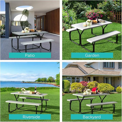 GYMAX Picnic Table, Picnic Bench Easy to Assemble w/All Weather Wood Grain Tabletop & Metal Frame, Picnic Tables for Outdoors Camping Backyard Deck Patio Poolside Dining Party
