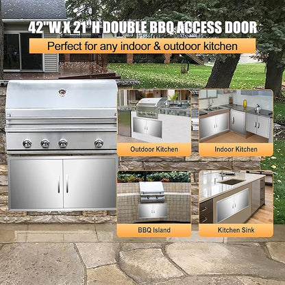 Outdoor Kitchen Doors 42W x 21H Inch, Double BBQ Access Doors 304 Stainless Steel for Outdoor Kitchen Cabinet Grill Station or BBQ Island