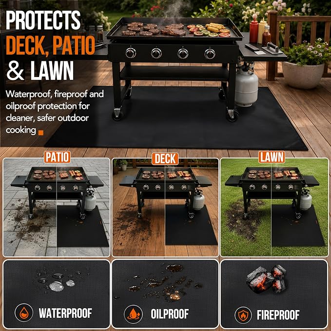 75 x 40 in Under Grill Mat for Outdoor Grill, 4 Weighted Corners | Wind-resistant, no-curl grill mat with bound edges; waterproof, oil-proof, fireproof to 2000°F for Blackstone, decks & patios