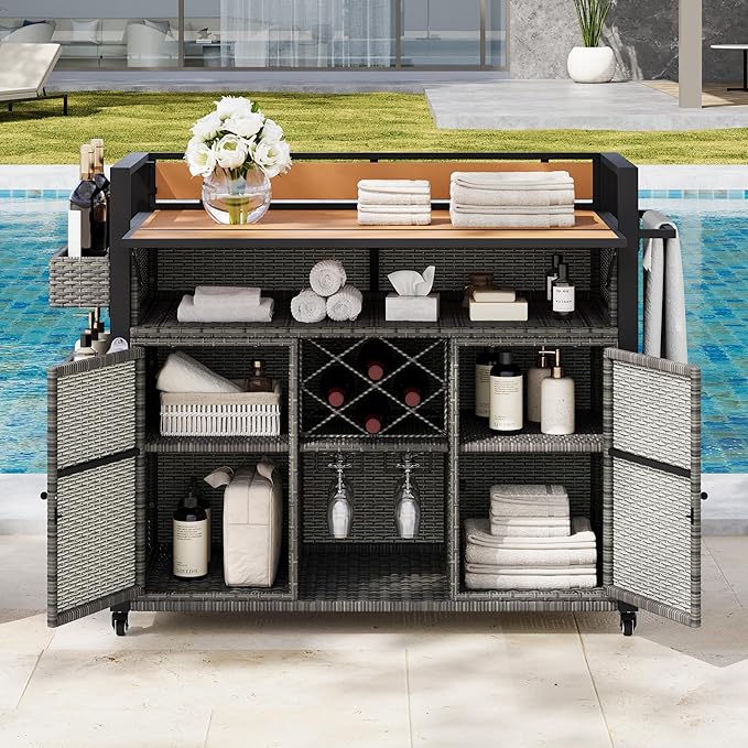 52.8" W Wicker Outdoor Grill Cart with Extended Plastic Wood Table Top,Rolling Kitchen Island on Wheels with Cabinet and Double Handle,for Patio Backyard Garden Poolside (Grey#t)