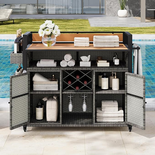 52.8" W Wicker Outdoor Grill Cart with Extended Plastic Wood Table Top,Rolling Kitchen Island on Wheels with Cabinet and Double Handle,for Patio Backyard Garden Poolside (Grey#t)