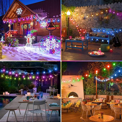 Larkvue 100FT(2x50FT) RGB Solar Outdoor String Lights with Remote, Multicolor&Warm White Dimmable Waterproof Patio Lights with 30 LED S14 Bulbs-Black