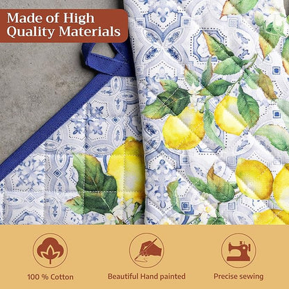 Maison d' Hermine 100% Cotton Oven Mitt & Pot Holder Set (7.5"x13" & 8"x8") Heat Resistant BBQ Cooking Gloves with Loop Baking Grilling Kitchen Hotel Home Farmhouse Spring Summer (Citrus)